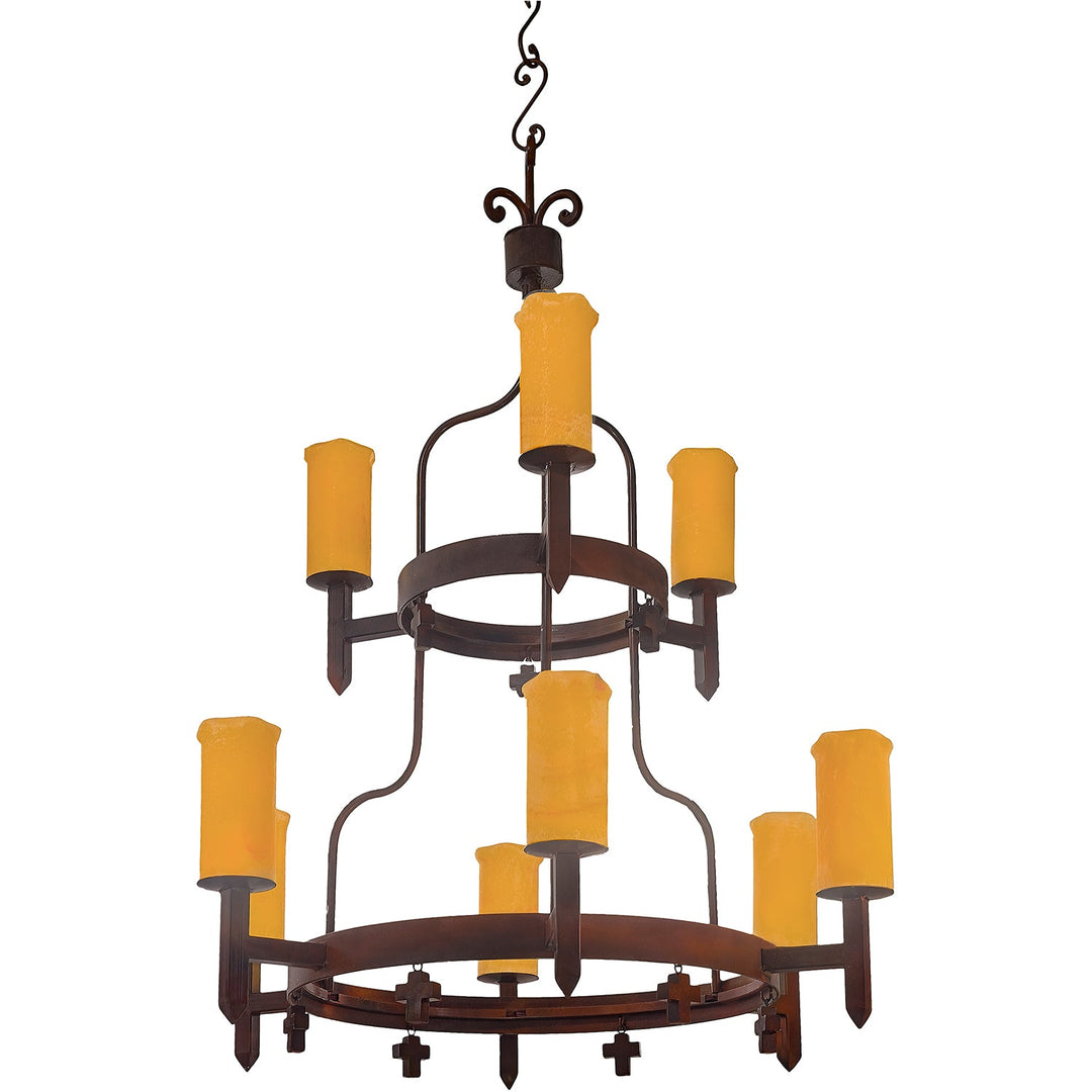 Wrought Iron 2 Tier Alabaster Chandelier - 9 Lights