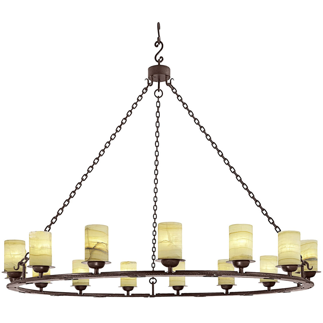 Artisan Wrought Iron Alabaster Ring Chandelier - 15 Lights