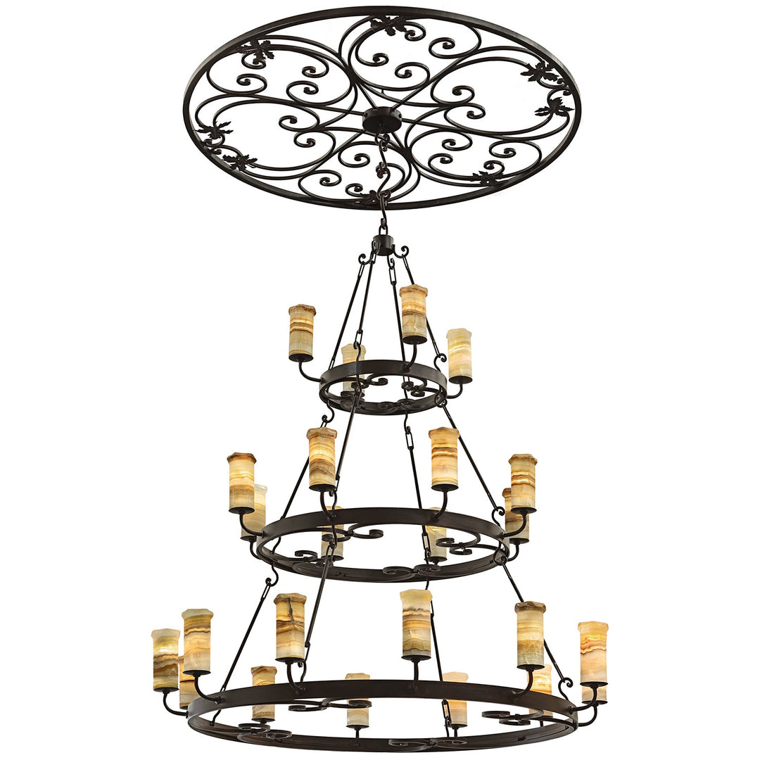 Custom Medallion Wrought Iron Alabaster Chandelier - 3 Tiers - 24 Lights