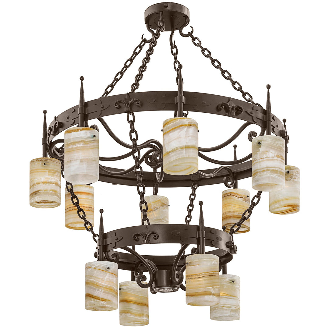 Wrought Iron Fleur de lis 2 Tier Alabaster Chandelier - 12 Lights