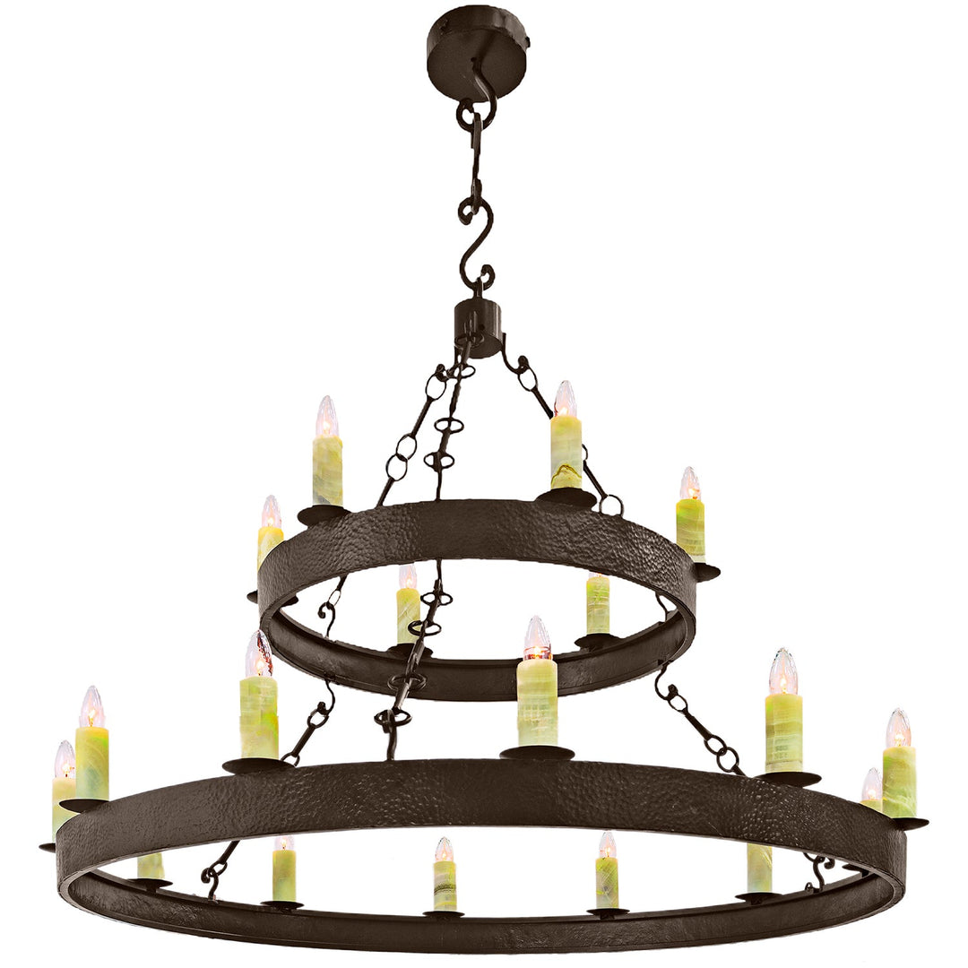 Wrought Iron Architectural Alabaster Ring Chandelier - 2 Tiers - 18 Lights