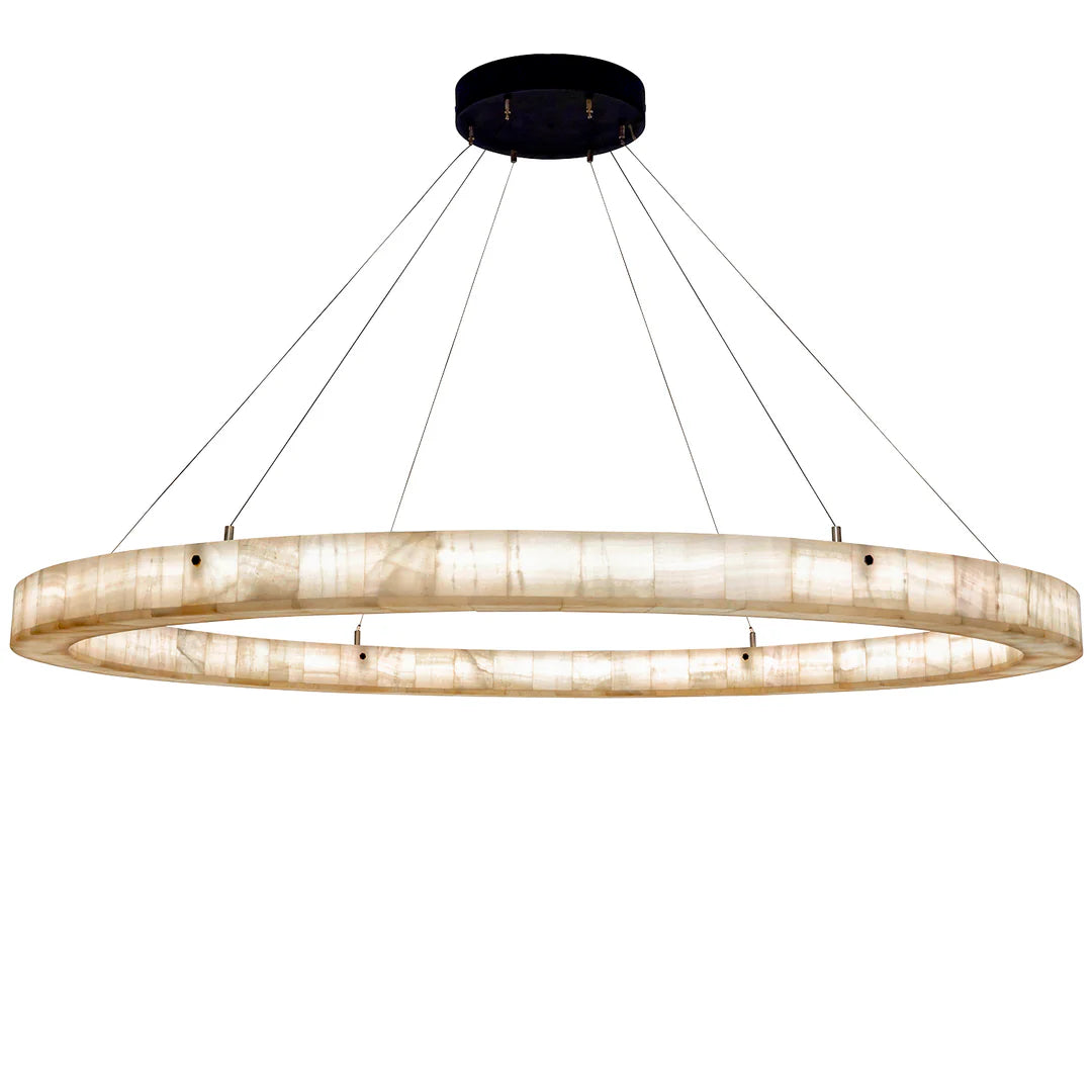 Modern round onyx ring chandelier with integrated illumination, natural stone detailing, and suspended cable mounting for luxury dining rooms and entryways.