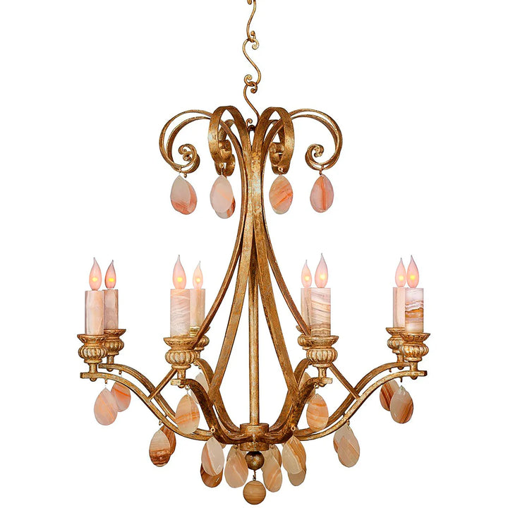 Gold chandelier featuring illuminated natural onyx candle sleeves, decorative onyx gemstone accents, and elegant scrollwork inspired by Mediterranean and Tuscan interiors.
