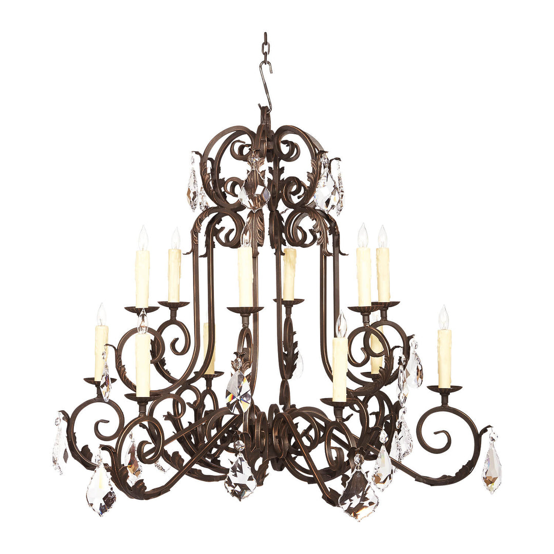12 Light Leaf with Crystals – Wrought Iron Heirloom Chandelier