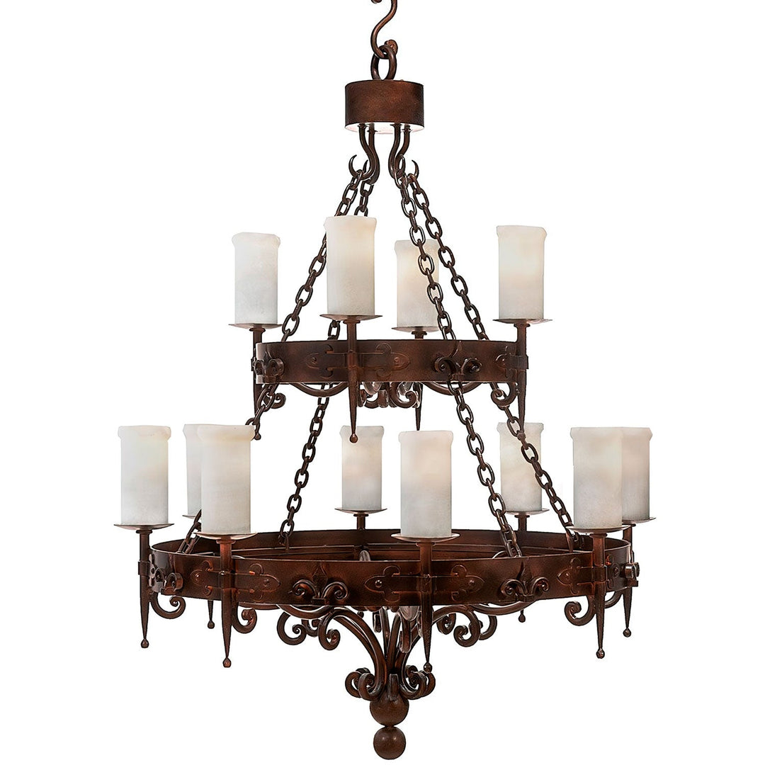 Fleur De Lis 2 Tier Forged Iron Alabaster Chandelier