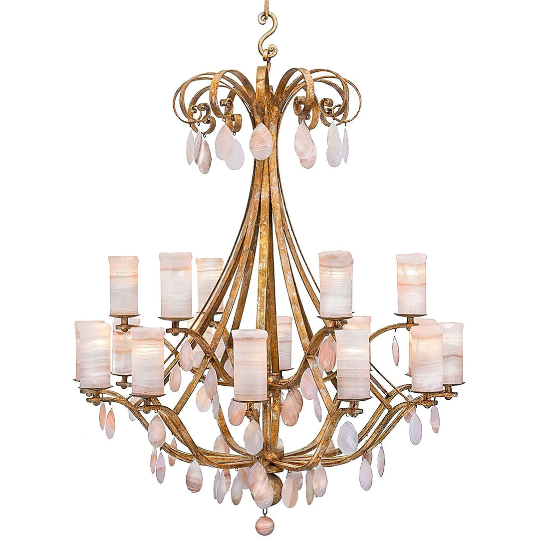 Elegante 18 Light Wrought Iron Alabaster Crystal Chandelier