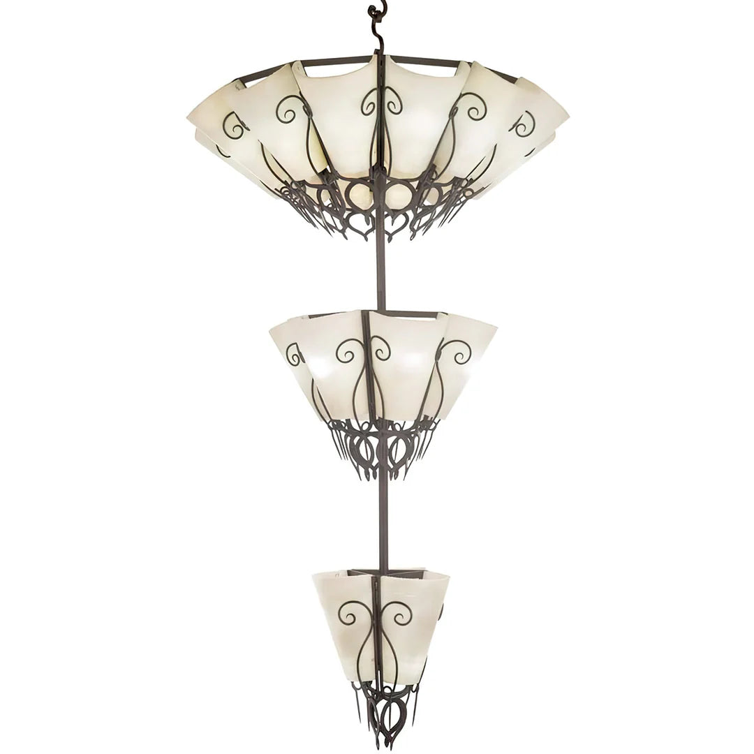 Three-tier chandelier featuring illuminated stone bowl shades, decorative wrought iron scrollwork, and cascading vertical design for luxury entryways, staircases, and great rooms.