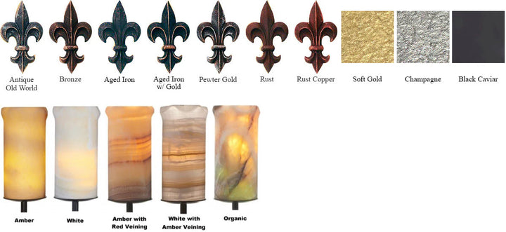 Collection of candle holders with various finishes and colors displayed against a white background.