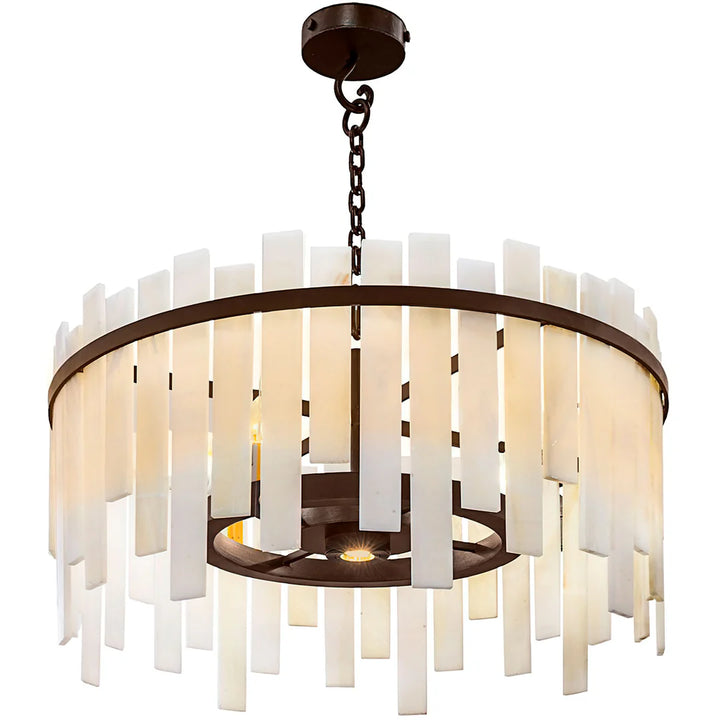 Round alabaster chandelier featuring layered illuminated natural stone panels, bronze iron frame, and contemporary drum-style design for luxury dining rooms and entryways.