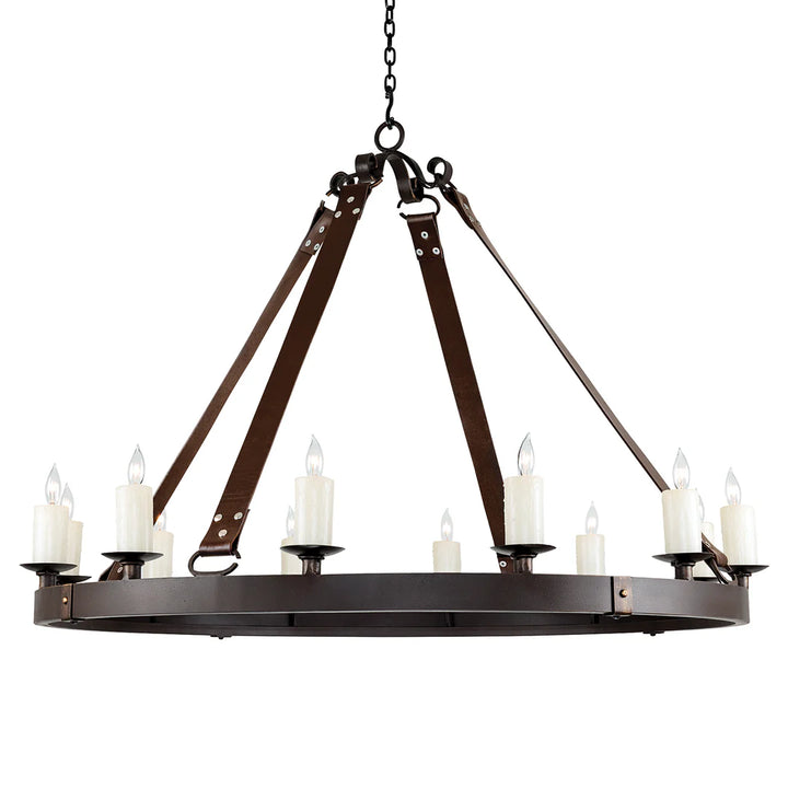Leather Strap Wrought Iron Round Chandelier
