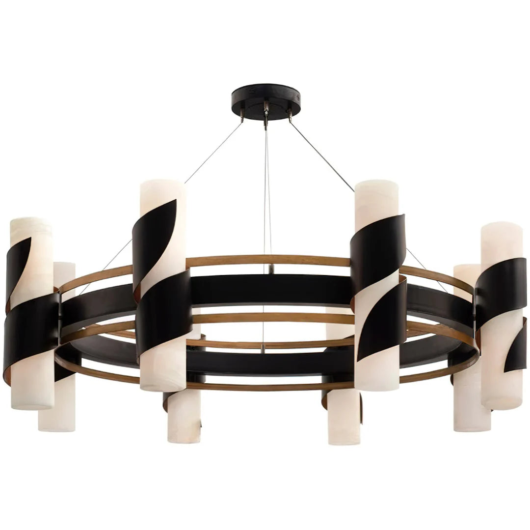 Round alabaster chandelier with illuminated natural stone cylinder shades, black iron frame, bronze accents, and modern luxury ring design.