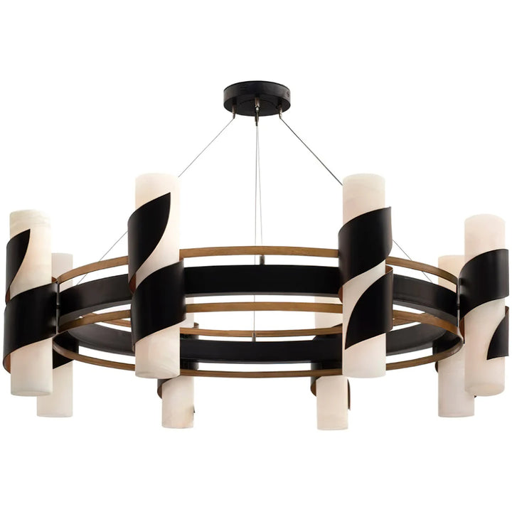 Round alabaster chandelier with illuminated natural stone cylinder shades, black iron frame, bronze accents, and modern luxury ring design.