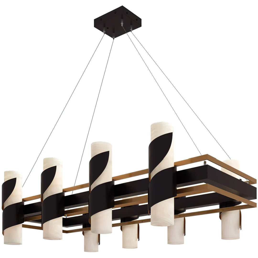 Iron Mesa Onyx Crown Chandelier featuring illuminated natural onyx cylinder shades, handcrafted black iron ring frame, decorative scrollwork, and warm ambient lighting for luxury western interiors.