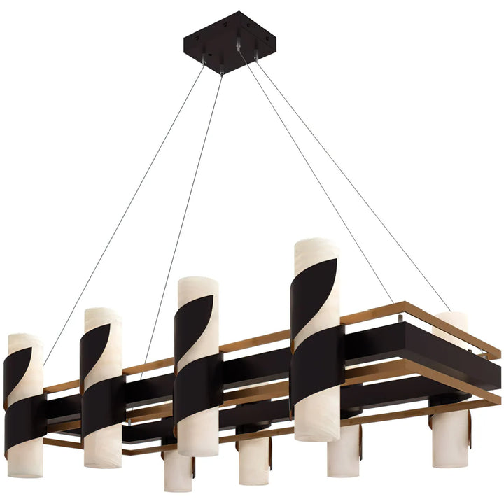 Iron Mesa Onyx Crown Chandelier featuring illuminated natural onyx cylinder shades, handcrafted black iron ring frame, decorative scrollwork, and warm ambient lighting for luxury western interiors.