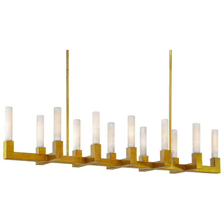 Luxury linear chandelier featuring natural alabaster cylinder shades mounted on a brushed gold frame, offering warm ambient illumination for dining rooms and kitchen islands.