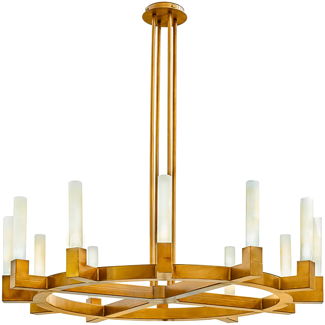 Gold chandelier with multiple candles on a white background