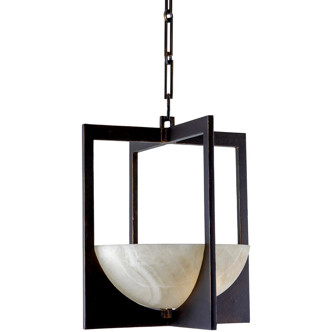 Pendant light fixture with black frame and white glass on a white background