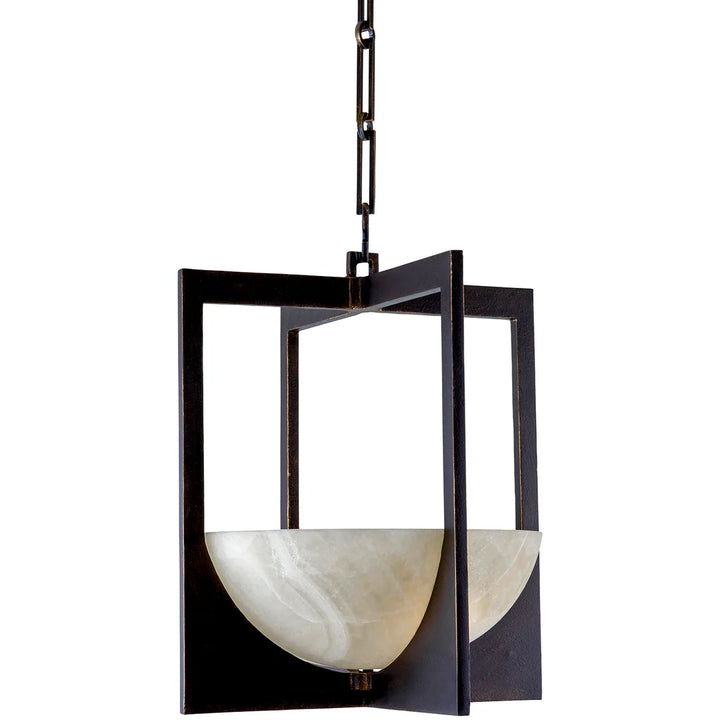 Pendant light fixture with black frame and white glass on a white background