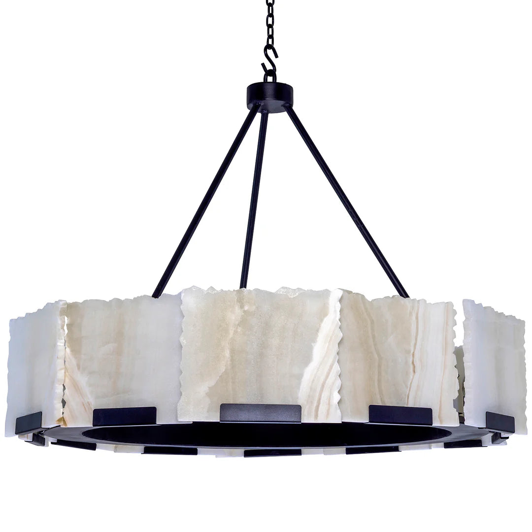 Chandelier with white stone-like shade and black metal frame on a white background