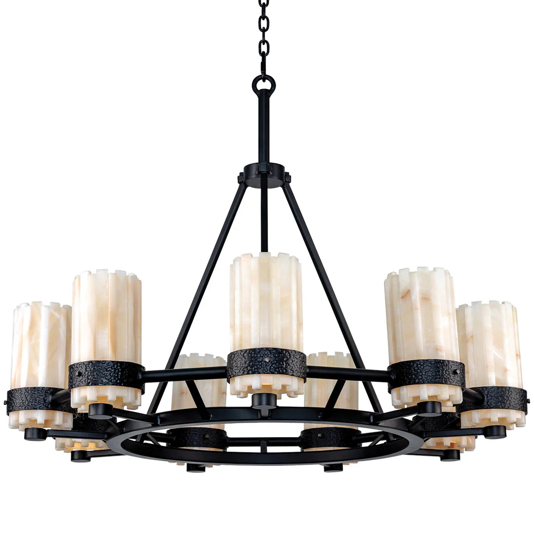 Round onyx chandelier featuring handcrafted natural stone cylinder shades, black forged iron frame, and warm ambient illumination for luxury western and transitional interiors.