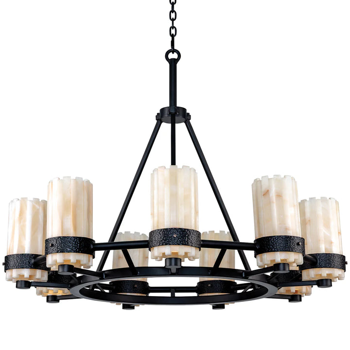 Round onyx chandelier featuring handcrafted natural stone cylinder shades, black forged iron frame, and warm ambient illumination for luxury western and transitional interiors.