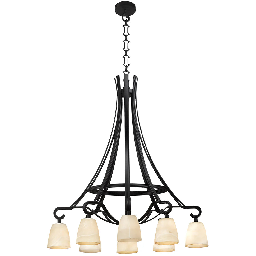 Black chandelier with beige lampshades on a white background