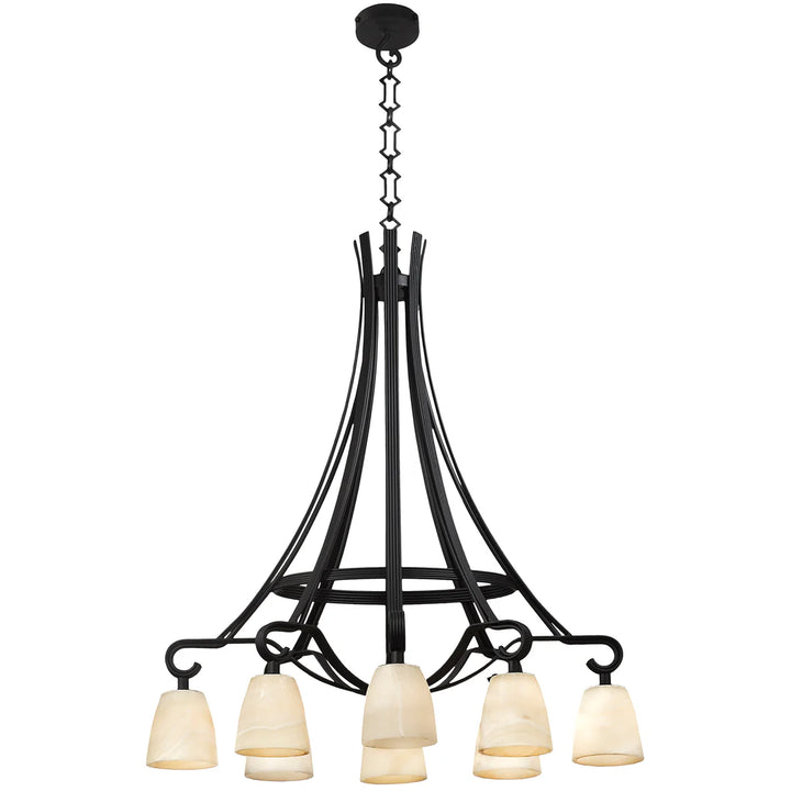 Black chandelier with beige lampshades on a white background