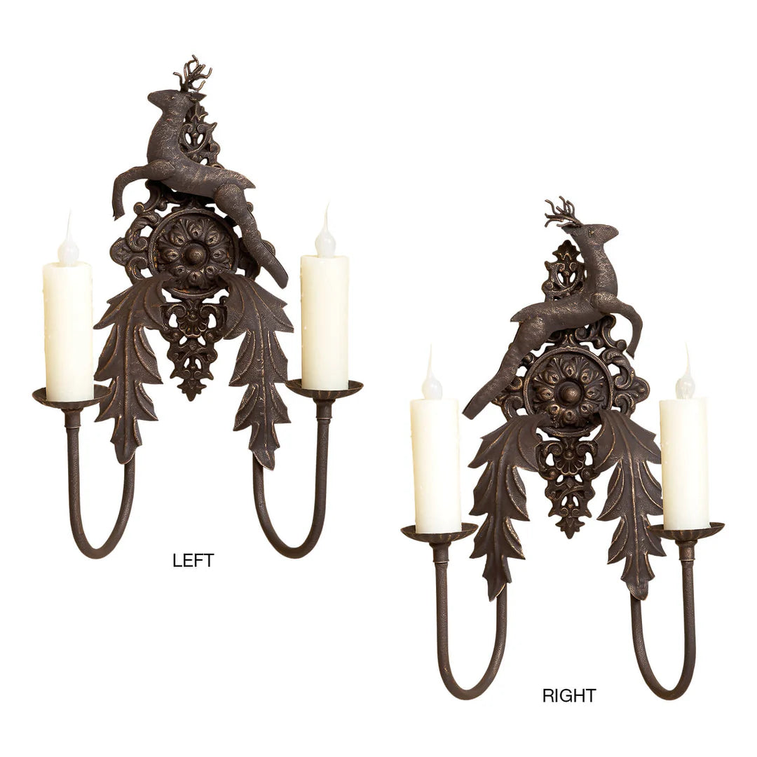 Sierra Iron Stag Double Candle Wall Sconce (Left &amp; Right Pair)