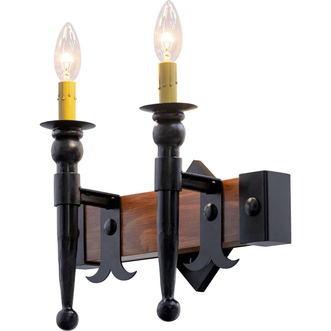 Sierra Iron Double Candle Wood Beam Wall Sconce