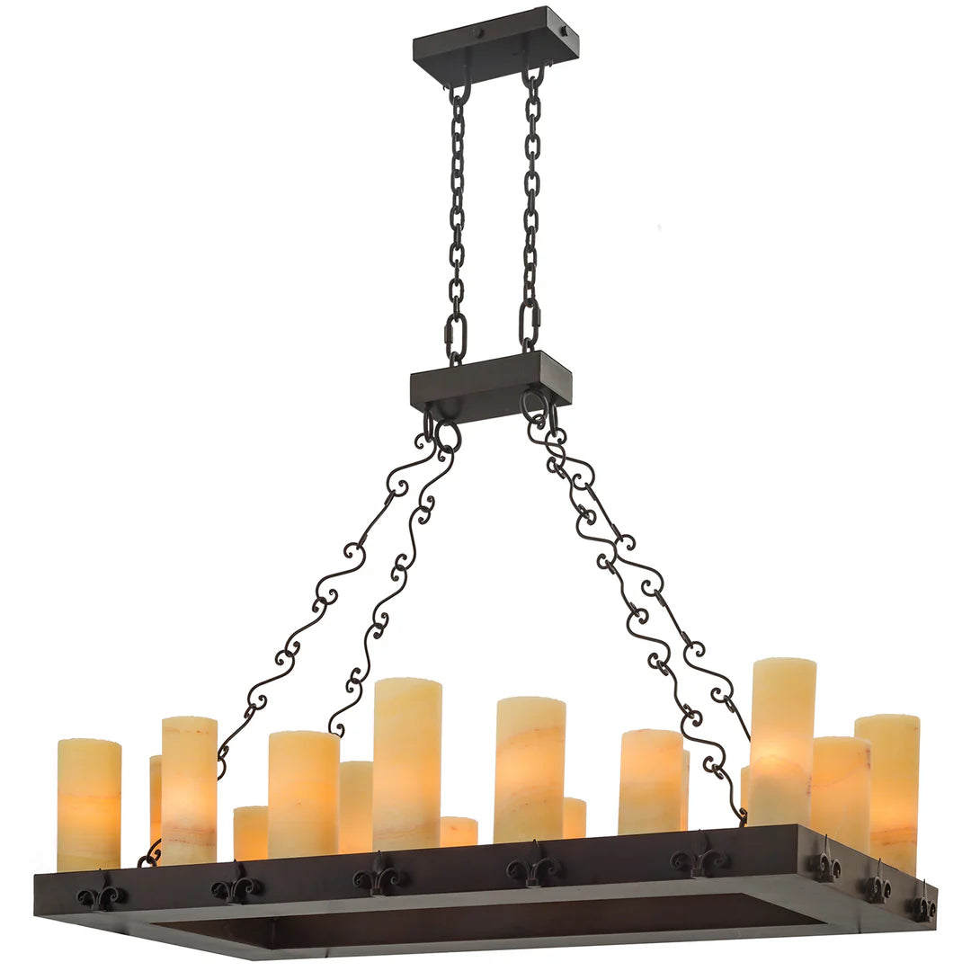 Rectangular onyx chandelier featuring illuminated natural stone cylinder shades, decorative forged iron scrollwork, and warm ambient lighting for luxury western, lodge, and ranch interiors.