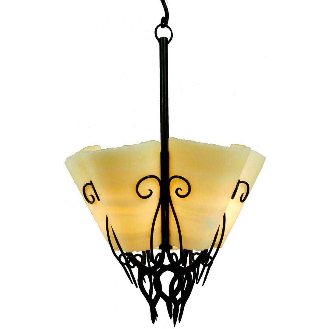 Natural onyx bowl chandelier with handcrafted wrought iron scrollwork, warm ambient illumination, and rustic luxury styling for western, lodge, and Mediterranean interiors.