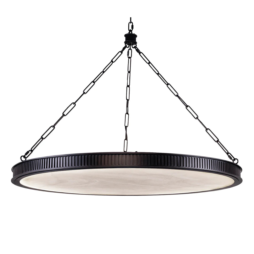 Modern wrought iron chandelier featuring an illuminated alabaster bowl suspended within a geometric black metal open-frame design.