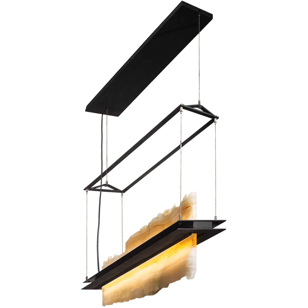 Modern pendant light with black frame and gold interior on a white background