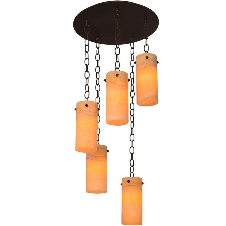 Five-light cascading chandelier featuring illuminated natural onyx cylinder shades suspended from a forged iron canopy with adjustable chains.