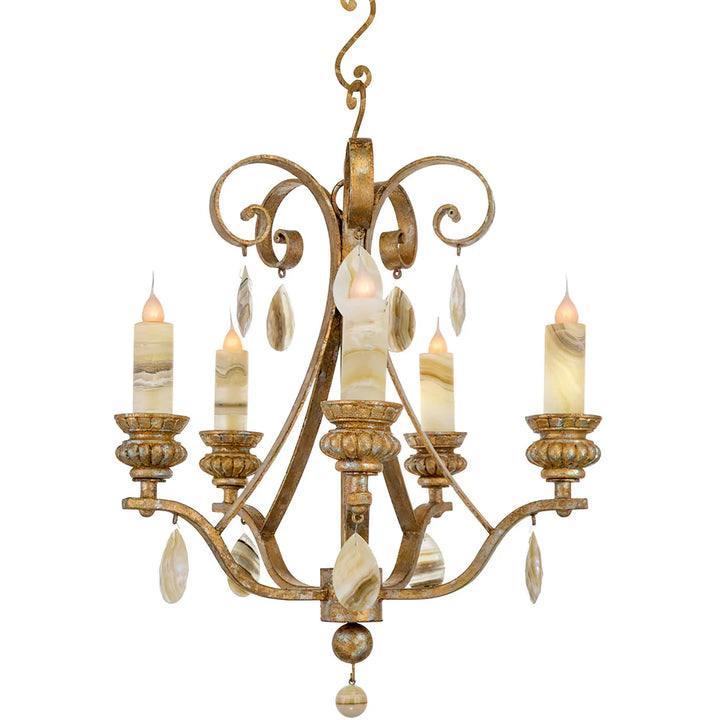 Five-light chandelier featuring illuminated natural onyx candle sleeves, decorative stone accents, and antique gold scrollwork inspired by Mediterranean and Tuscan interiors.