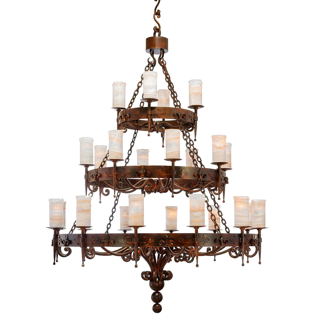 Fleur De Lis 3 Tier Wrought Iron Alabaster Chandelier