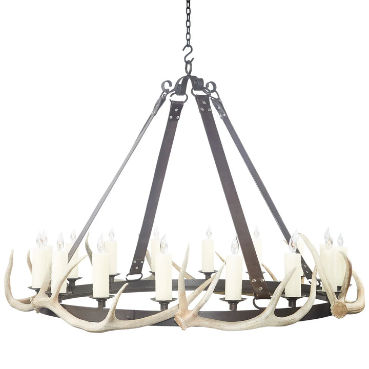The Redstone Ridge Leather Strap Antler Chandelier