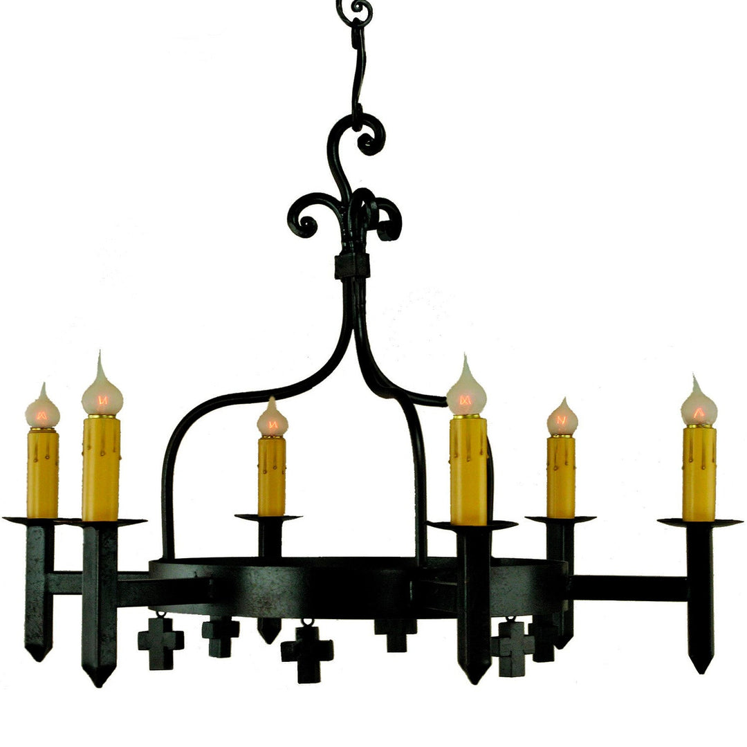 Mission Architectural Six-Light Wrought Iron Chandelier with Mini Crosses